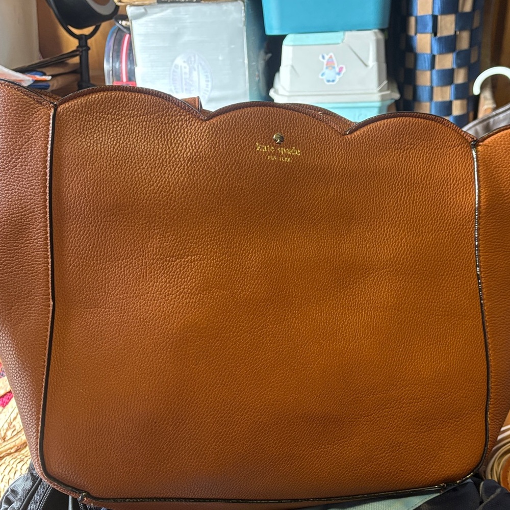 kate spade scallop-edge pebbled leather tote in cognac
